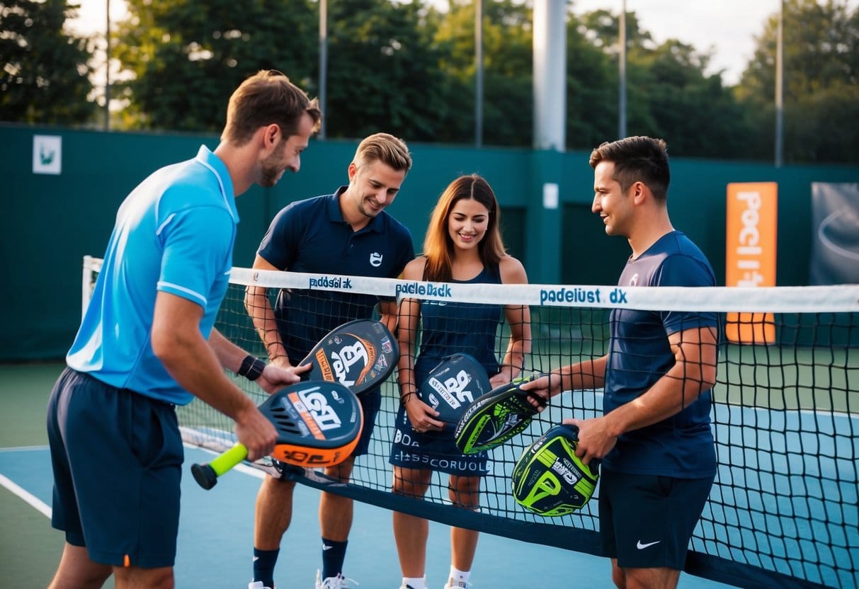 En gruppe padelentusiaster der kigger gennem et udvalg af bæredygtige padelbat på hjemmesiden padelbat dk